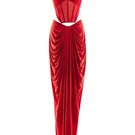 Valentina red corset maxi dress by Deme By Gabriella, featuring a fitted bodice and flowing skirt, ideal for elegant occasions.