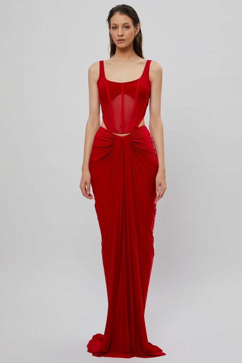 VALENTINA RED CORSET MAXI DRESS - CULT MIA