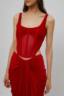 Red Valentina corset maxi dress by Deme By Gabriella featuring a fitted bodice and flowing skirt, perfect for elegant occasions.