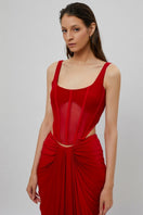 Deme By Gabriella Valentina red corset maxi dress featuring a fitted bodice and flowing skirt, elegant and perfect for formal occasions.