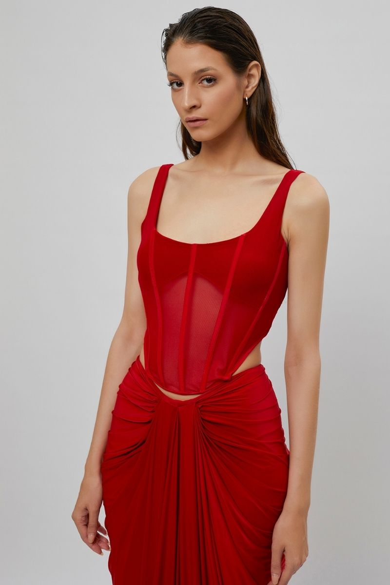 Deme By Gabriella Valentina red corset maxi dress featuring a fitted bodice and flowing skirt, elegant and perfect for formal occasions.