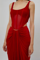 Deme By Gabriella Valentina red corset maxi dress with fitted bodice and flowing skirt, perfect for elegant occasions.