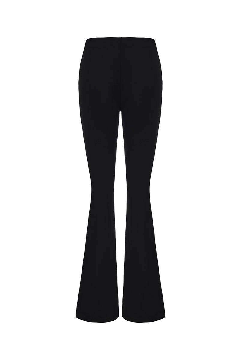 Nana Jacqueline Valeria flared black pants shown from the back view, featuring a high waist and flowing wide-leg silhouette.