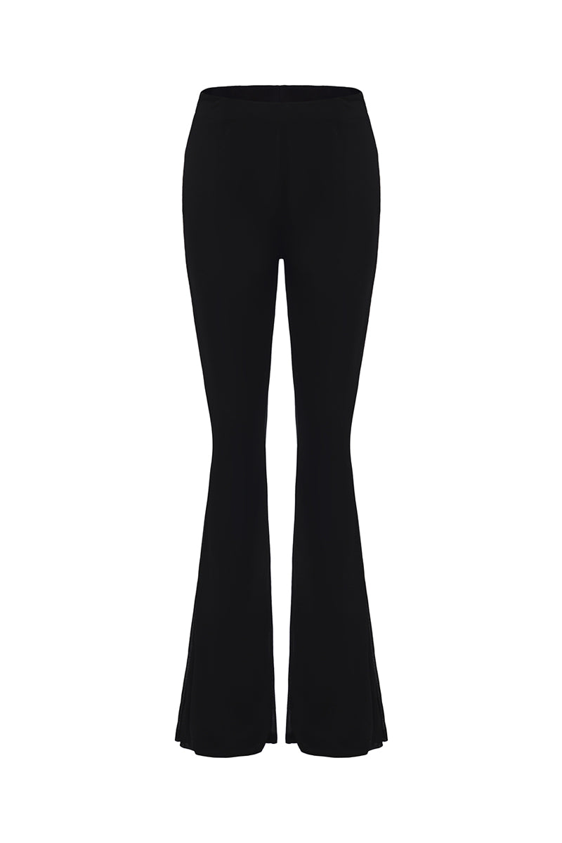 Black Valeria flared pants by Nana Jacqueline, front view showcasing stylish, wide-leg design and smooth fabric.