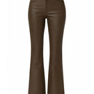 Brown vegan leather flare sweatpants by Bassigue, showing the high-waisted design and flared leg style on a model.