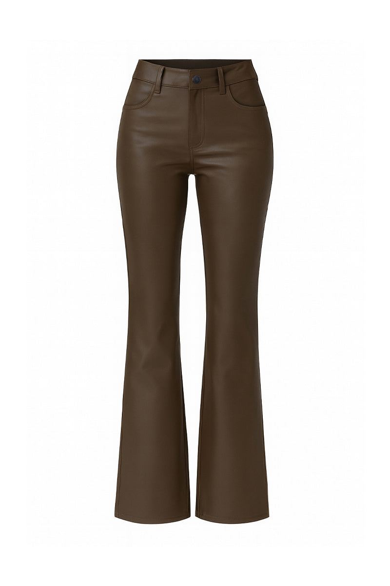 Brown vegan leather flare sweatpants by Bassigue, showing the high-waisted design and flared leg style on a model.