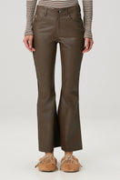 Brown vegan leather flare sweatpants by Bassigue, with a fitted waistband and flared legs, shown on a model.
