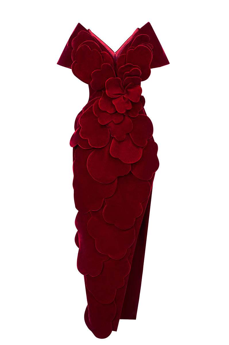 VELVET V-NECK PETAL EMBELLISHED WITH STRUCTURED SHOULDERS MAXI DRESS IN RED - CULT MIA