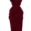 Red velvet V-neck strapless midi dress with petal detailing from HAPPY CLOTHING, perfect for elegant occasions.