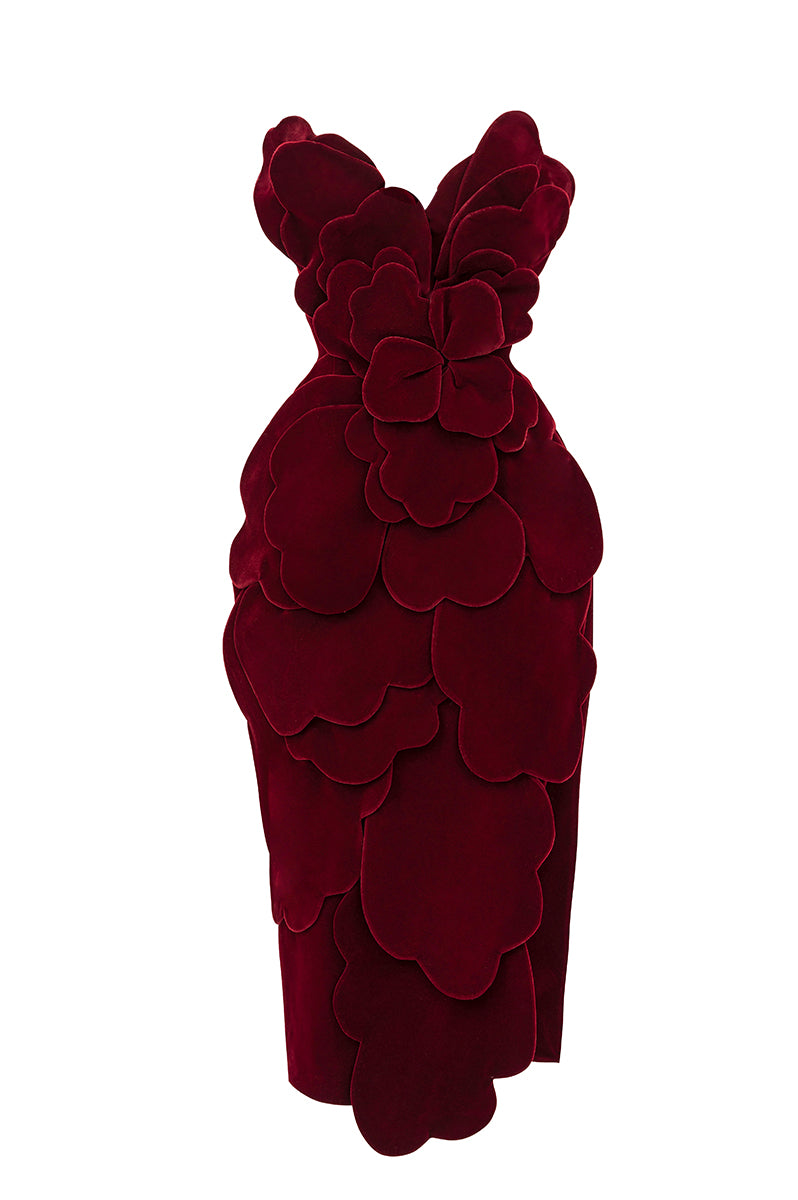 VELVET V-NECK PETAL STRAPLESS VELVET MIDI DRESS IN RED - CULT MIA
