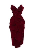 Red velvet V-neck strapless midi dress with petal detailing from HAPPY CLOTHING, perfect for elegant occasions.