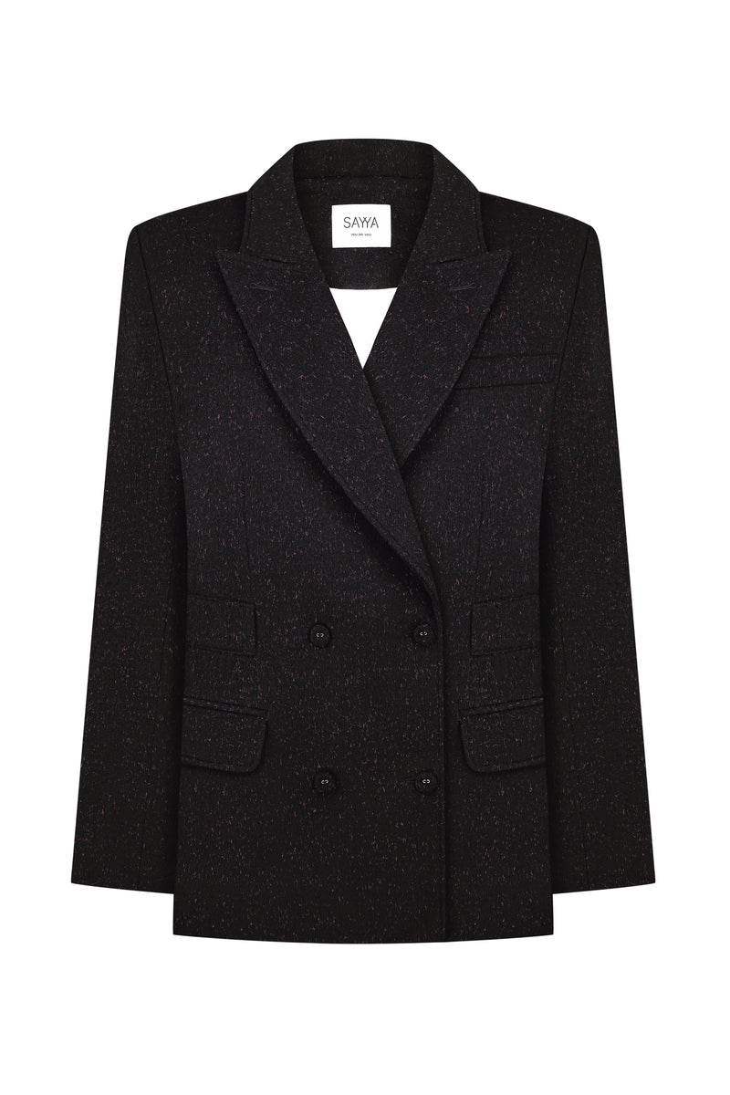 Black Venera suit jacket by Sayya, tailored with a sleek fit, featuring classic lapel design and stylish button details.