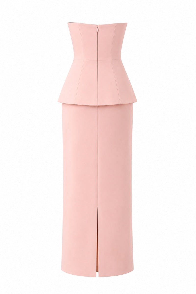 Nihan Peker Vera light pink gown with flowing fabric and elegant design, perfect for formal occasions or evening events.