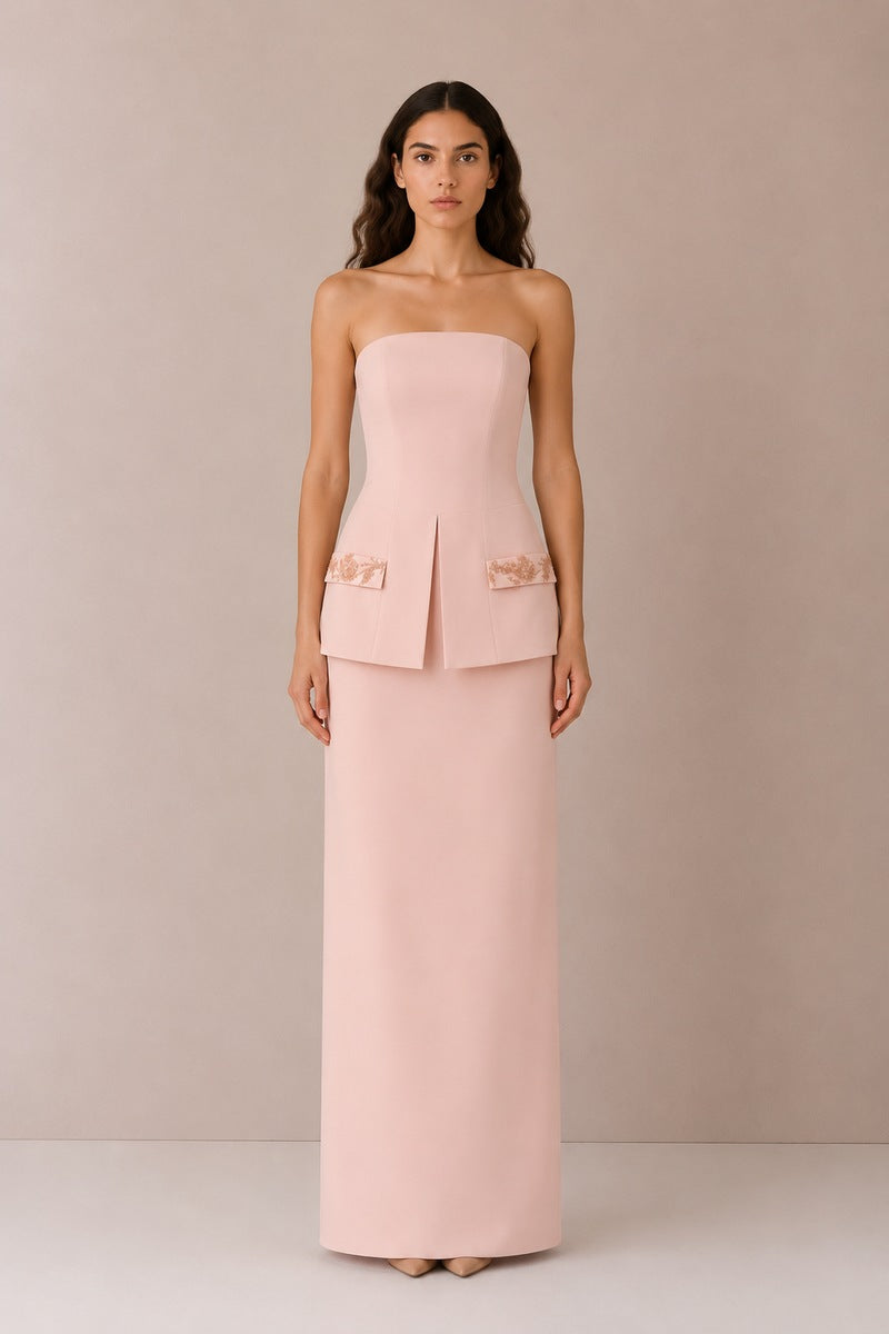 Light pink Vera dress by Nihan Peker, elegant gown with flowing fabric and delicate detailing, suitable for formal occasions.