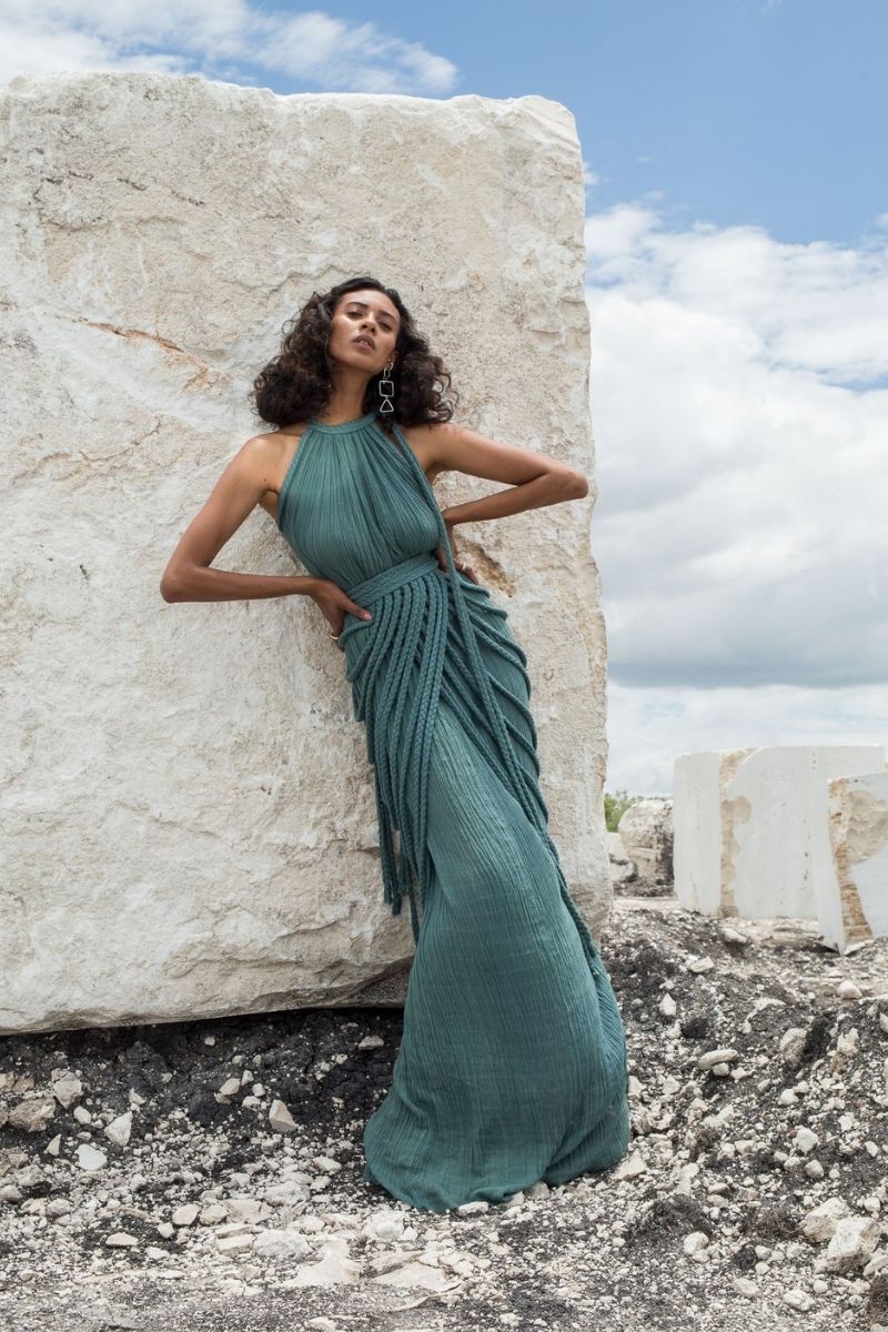 Kasia Kulenty Vera gown in aqua, elegant maxi dress with flowing fabric and intricate detailing, perfect for formal occasions.