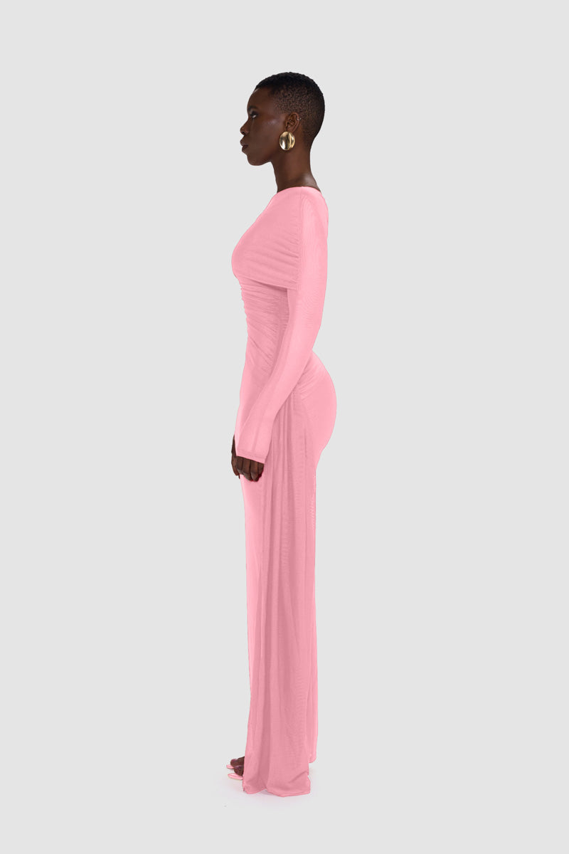 Pastel pink Verella Maxi Dress by BBXBRAND displayed on a mannequin, featuring a flowing silhouette and elegant design.