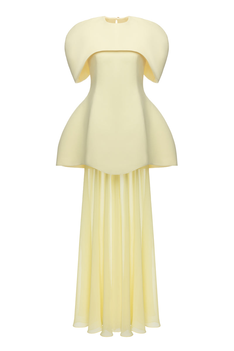 Matters Verona butter yellow gown featuring a flowing design and elegant silhouette, perfect for formal occasions.
