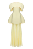Matters Verona butter yellow gown featuring a flowing design and elegant silhouette, perfect for formal occasions.