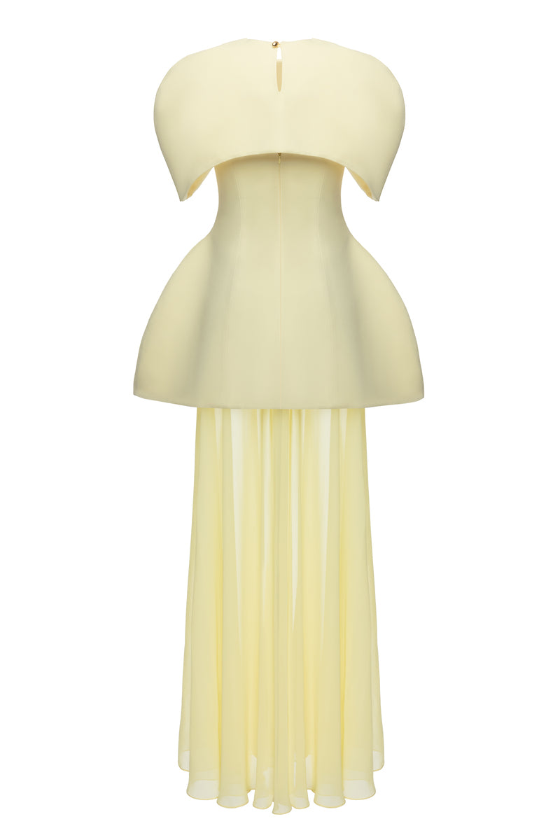Matters Verona butter yellow gown with flowing fabric and elegant design, perfect for formal occasions.