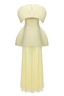 Matters Verona butter yellow gown with flowing fabric and elegant design, perfect for formal occasions.