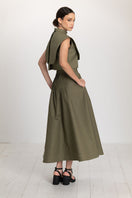 Olive drab VESTAL cropped top by ANA + MARIA, lightweight fabric, fitted silhouette, shown on a model.