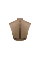 Ana + Maria Vestal cropped top in camel, featuring a stylish, fitted design with a soft fabric texture and sleeveless cut.