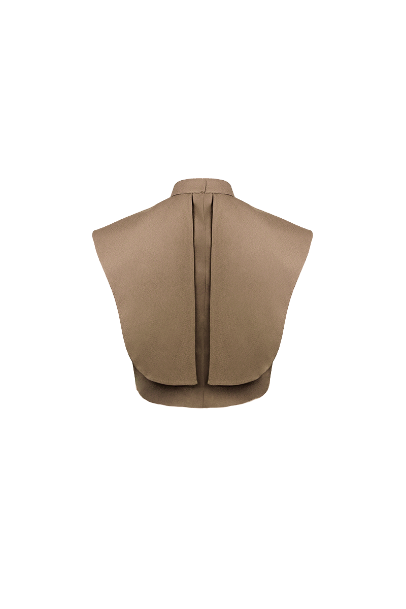 Ana + Maria Vestal cropped top in camel, featuring a stylish, fitted design with a soft fabric texture and sleeveless cut.