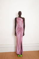 Pink Vestige gown maxi dress by Yassmin Saleh, front view showcasing elegant design and flowing fabric.