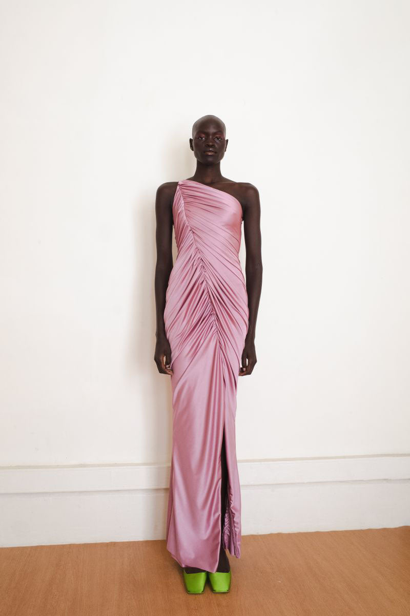 Pink Vestige gown maxi dress by Yassmin Saleh, front view showcasing elegant design and flowing fabric.