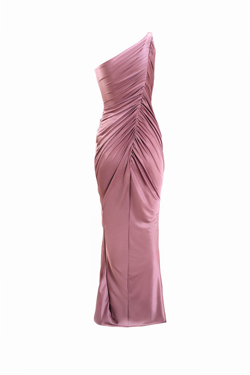 Pink Vestige gown by Yassmin Saleh, a stylish maxi dress with a ghost-back design, perfect for elegant occasions.