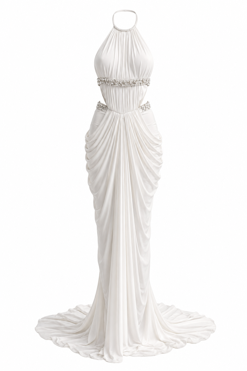 White VEYA gown by Francisco Arce, elegant floor-length dress with flowing fabric and subtle design details.