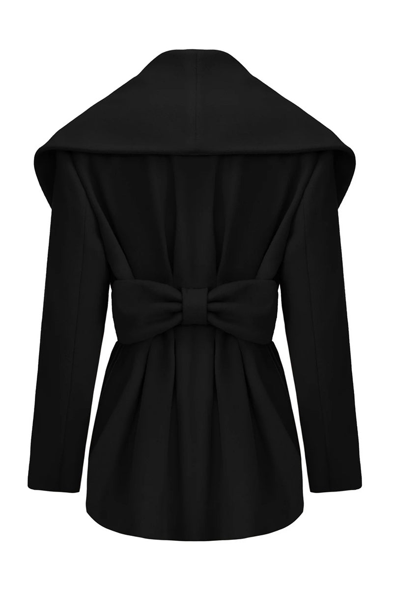 Black Victoria bow coat by Nana Jacqueline, shown from the back, featuring elegant bow details and tailored fit.