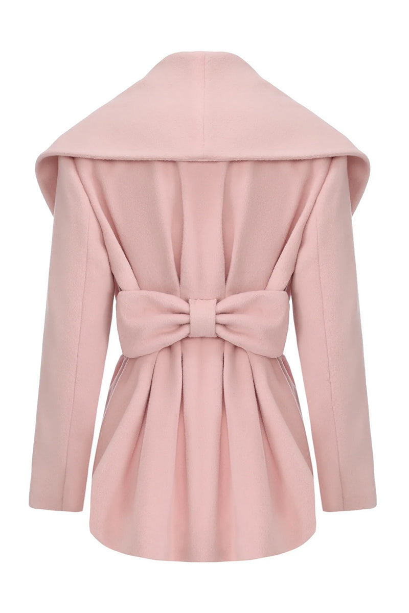 Back view of Nana Jacqueline Victoria Bow Pink Coat, a stylish women's coat with bow details in soft pink fabric.