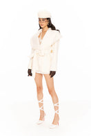 White Victoria bow coat by Nana Jacqueline, stylish coat featuring a bow detail, perfect for elegant winter or fall wear.