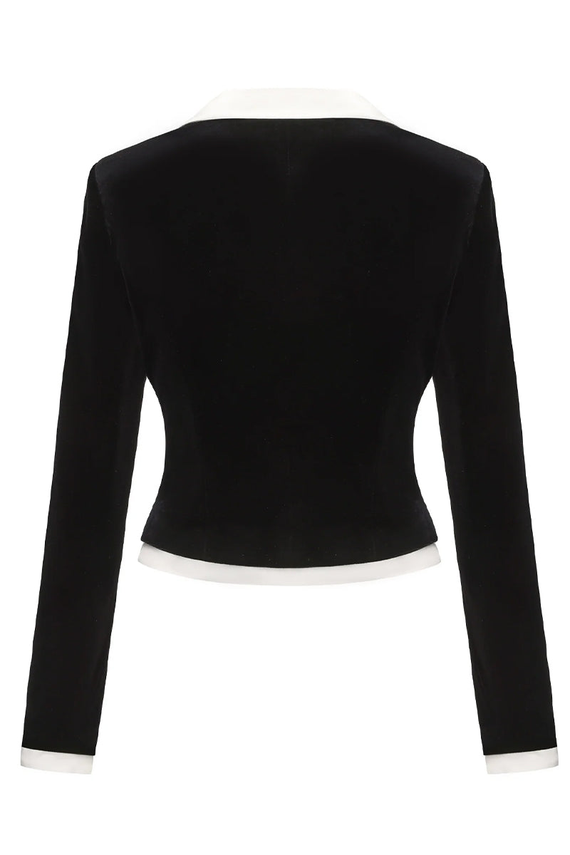 Back view of Nana Jacqueline Victoria velvet blazer in black, showing tailored fit and smooth velvet fabric.