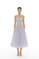 Violet draped lace gown by Montsand, elegant midi dress featuring intricate lace details and a flowing silhouette.