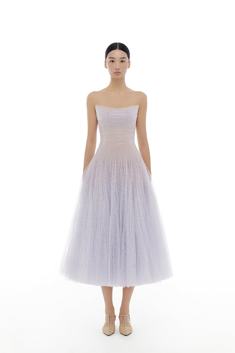 Violet draped lace gown by Montsand, elegant midi dress featuring intricate lace details and a flowing silhouette.