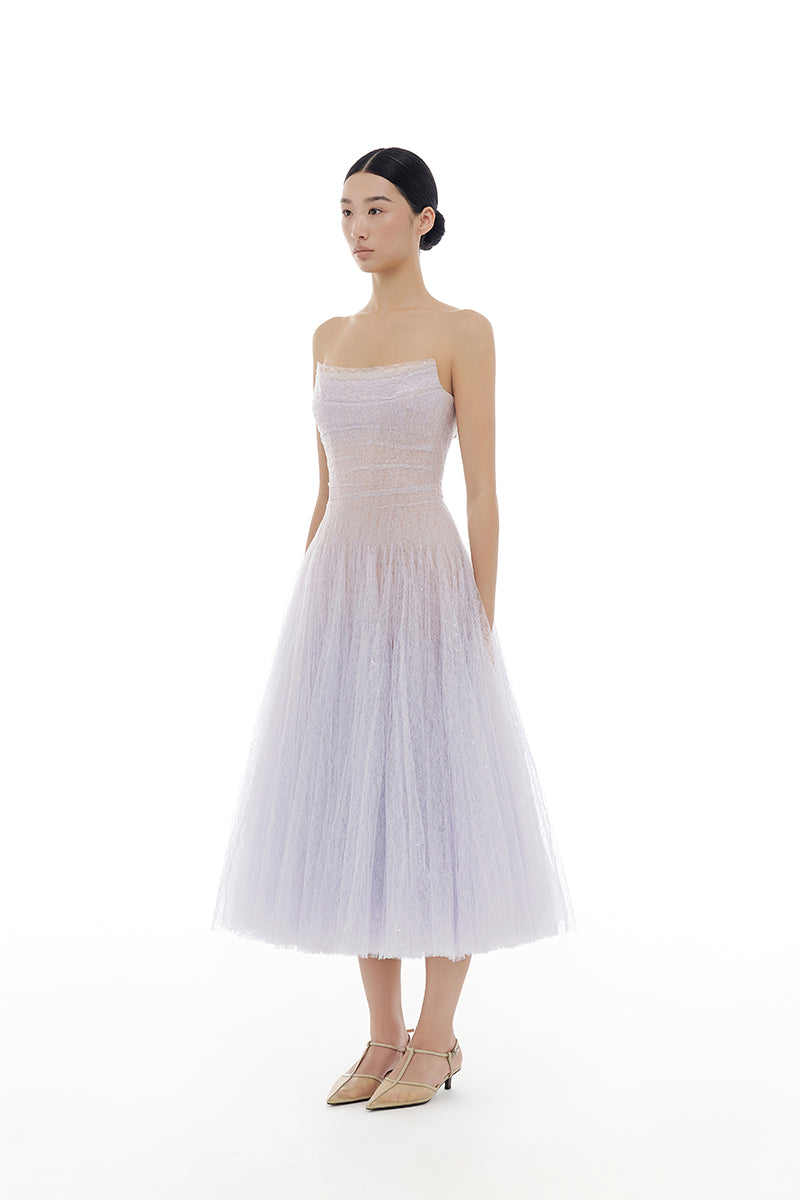 Violet draped lace gown by Montsand, midi-length evening dress with flowing fabric and intricate lace details.