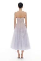 Violet draped lace gown by Montsand featuring elegant midi length and intricate lace detailing.