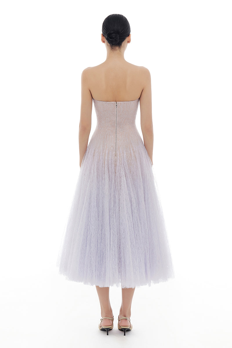 Violet draped lace gown by Montsand featuring elegant midi length and intricate lace detailing.