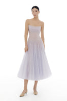 Violet draped lace gown by Montsand, featuring a midi length design with intricate lace details and elegant draping.