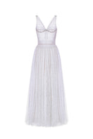 Violet V-neck draped maxi dress by Montsand, flowing fabric with elegant draping and a relaxed fit, ideal for summer wear.
