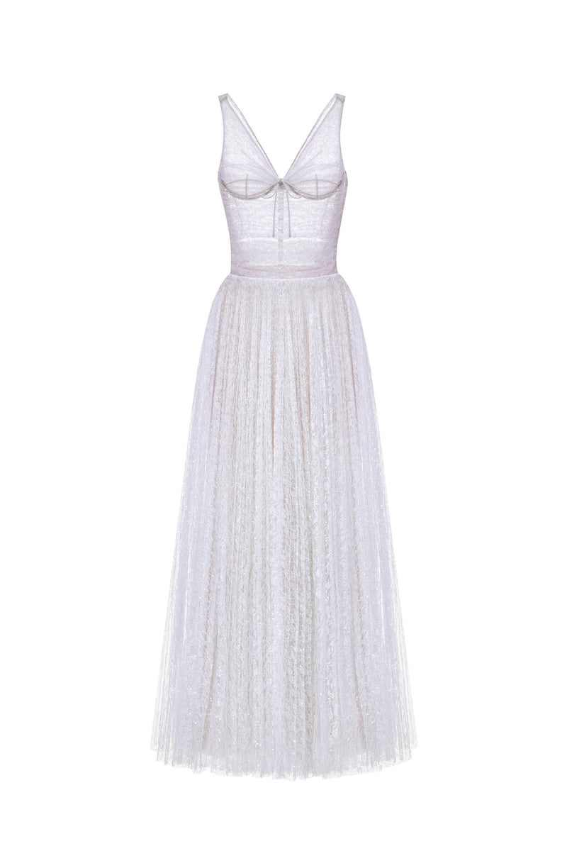 Violet V-neck draped maxi dress by Montsand, flowing fabric with elegant draping and a relaxed fit, ideal for summer wear.