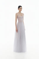 Violet V-neck draped maxi dress by Montsand, flowing fabric with elegant draping and a stylish V-neck design.