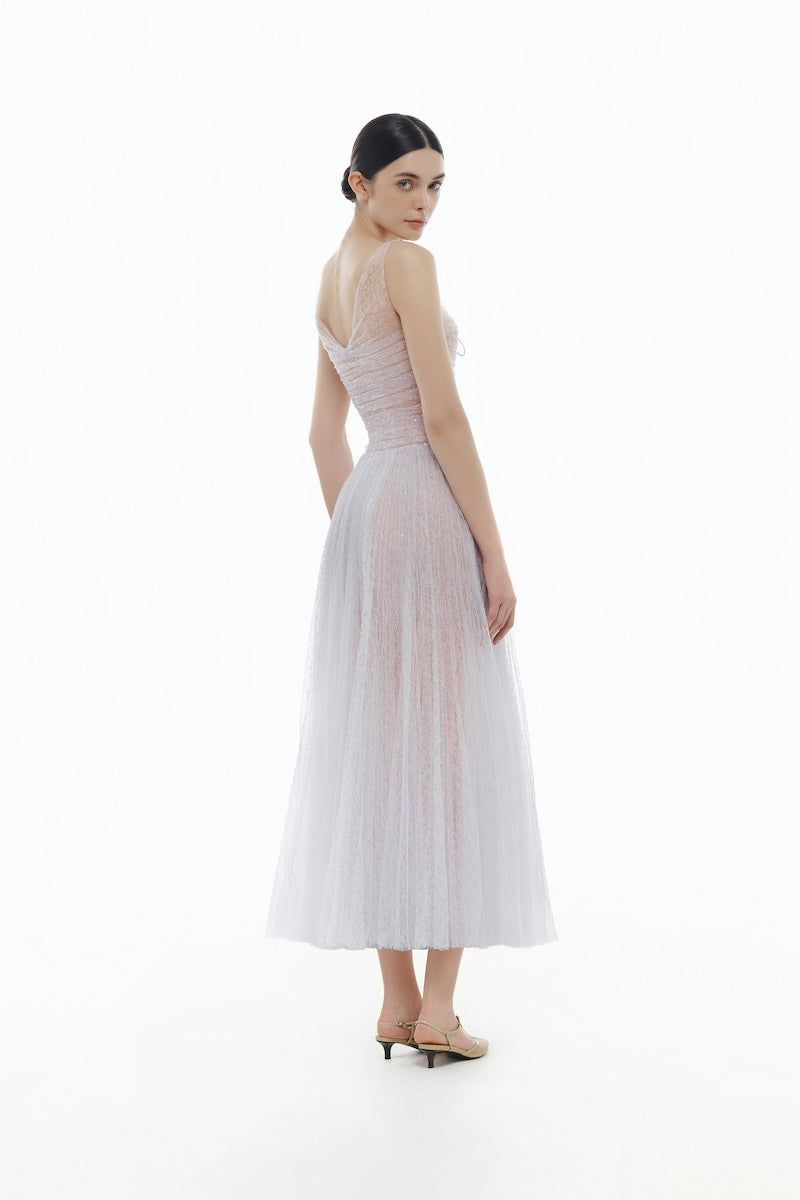Violet V-neck draped midi dress by Montsand, featuring a flowing silhouette and elegant design, perfect for stylish occasions.