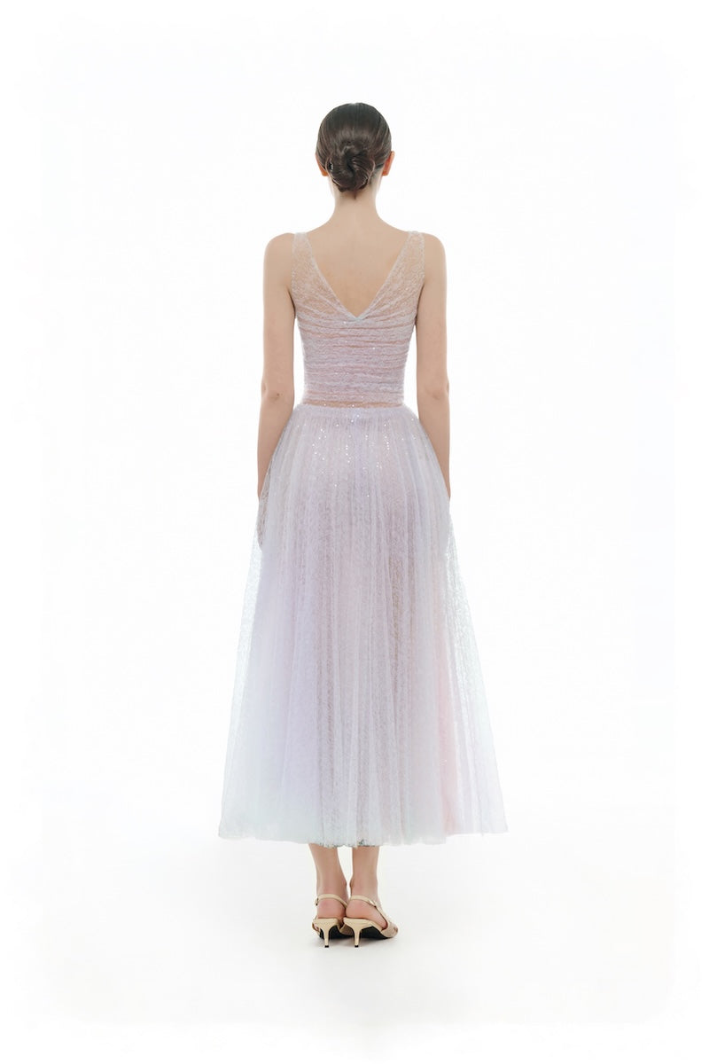 Violet V-neck draped midi dress by Montsand, featuring a flowing silhouette and elegant design, perfect for stylish occasions.