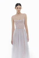 Violet V-neck draped midi dress by Montsand, featuring a flowing silhouette and elegant draping details.