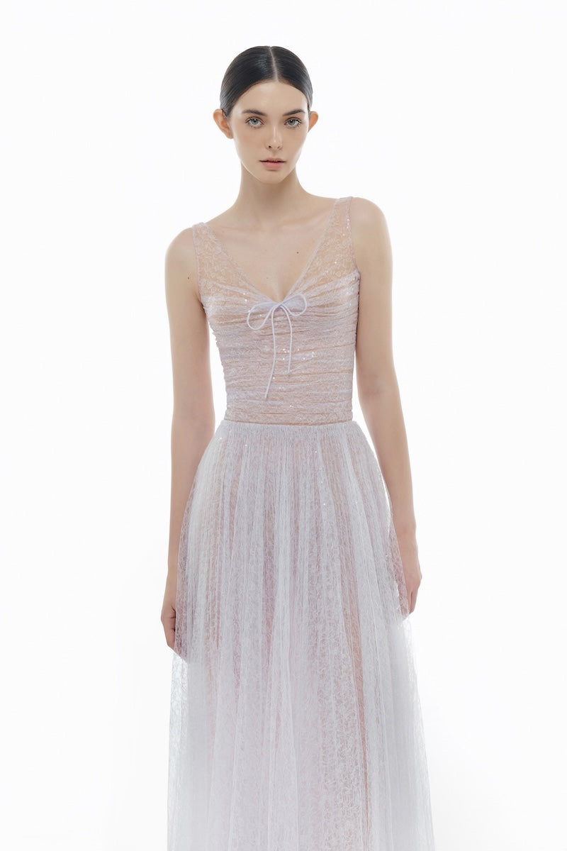 Violet V-neck draped midi dress by Montsand, featuring a flowing silhouette and elegant draping details.