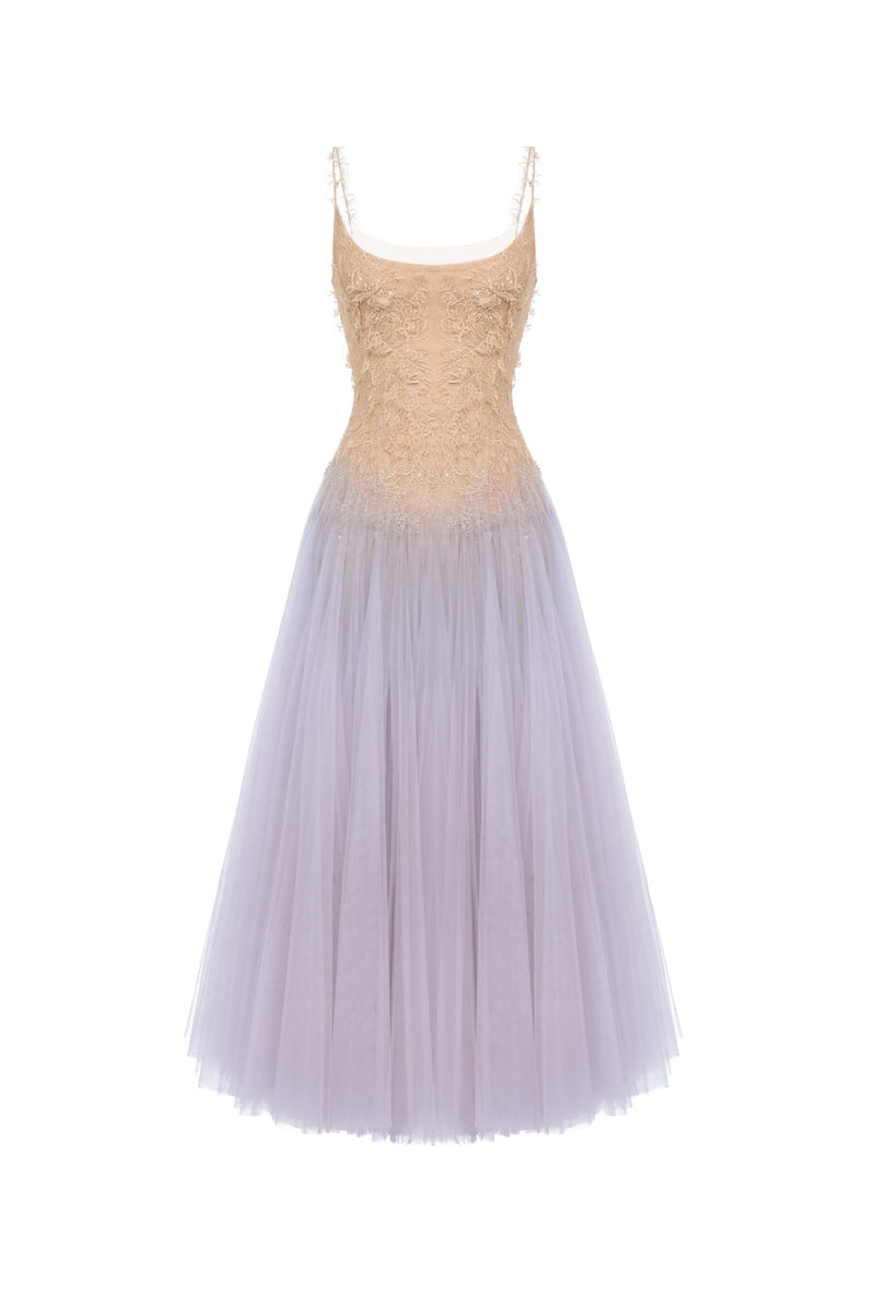 Violet ombre lace gown by Montsand, midi-length dress with intricate lace details and flowing silhouette.