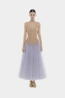 Violet ombre lace gown by Montsand, elegant midi dress with intricate lace details and a flowing silhouette.